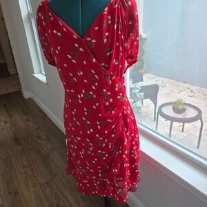 Angela Plus Womens Red Floral Side Button Midi Dress Lined Size 2XL Romantic